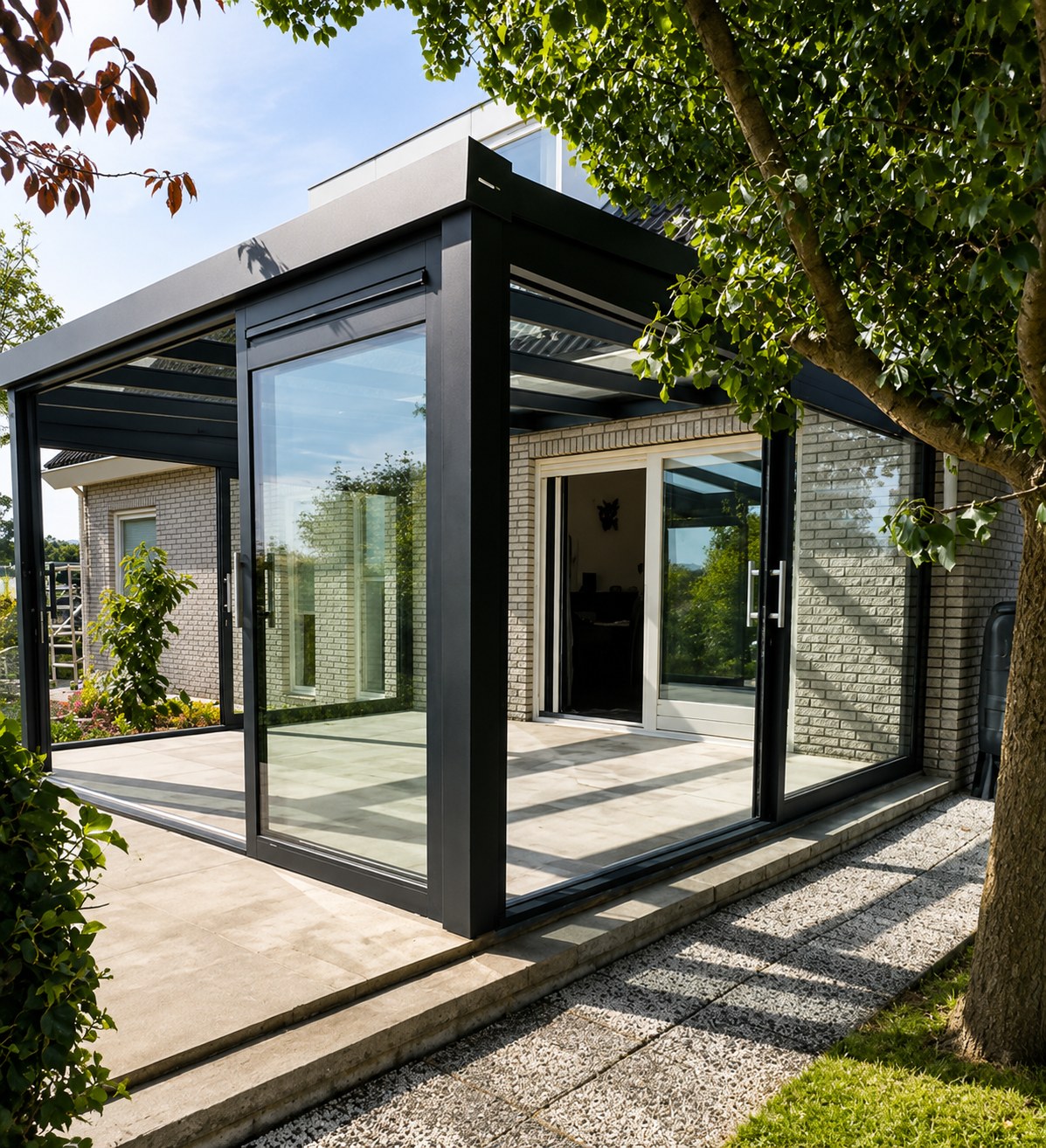 Glazen veranda overdag in de tuin, schuifwanden open, groen rondom