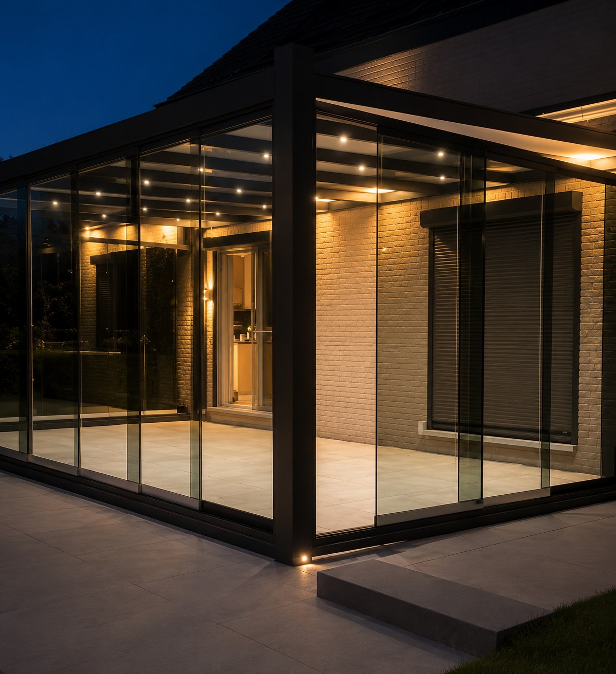 Glazen veranda bij avondlicht, warme verlichting, zwart aluminium profiel